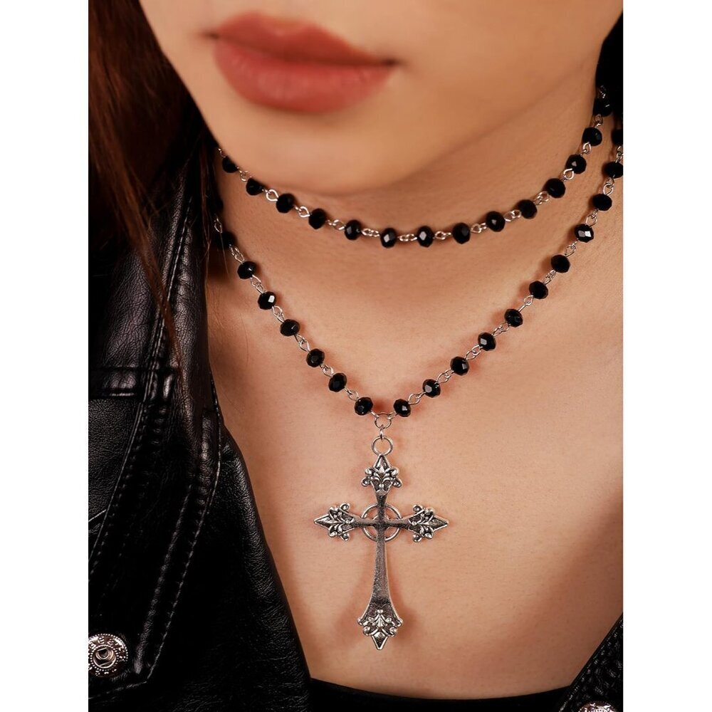 Gothic Cross Necklace Layered Bead Choker Y2K Black Onyx Jewelry gift